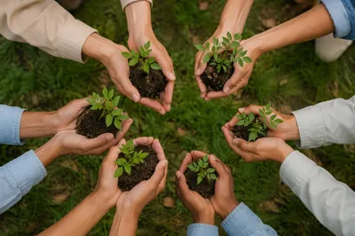Community Hands Planting Young Tree Saplings