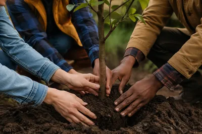 Community Hands Planting a Young Tree