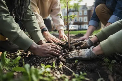 Community Hands Planting Young Tree Together