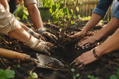 Community Hands Planting a Young Tree