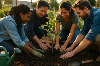 Group Planting Young Sapling in Garden