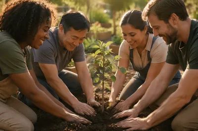 Diverse Group Planting Young Sapling Together
