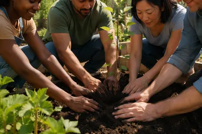 Hands Planting Young Sapling in Garden