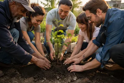 Group Planting Young Tree in Garden