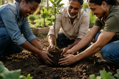Group Planting Young Tree in Garden