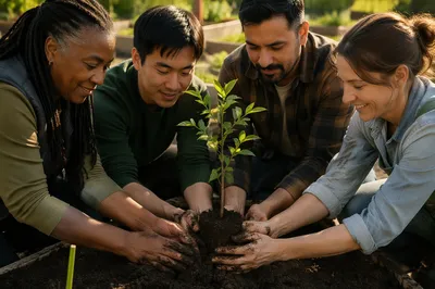 Diverse Adults Planting a Young Sapling
