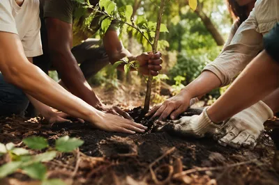 Volunteer Hands Planting Young Tree Together