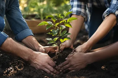 Hands Planting Young Tree in Community Garden