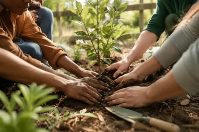 Diverse Hands Planting Young Tree Together