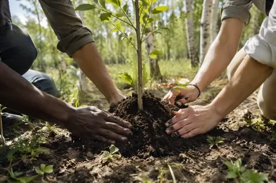 Diverse Hands Planting a Young Tree