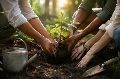 Diverse Hands Planting a Sapling Together