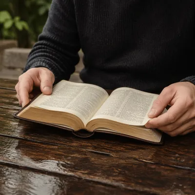 Hands Holding Open Book on Outdoor Bench