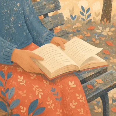 Hands Holding Open Book on Park Bench