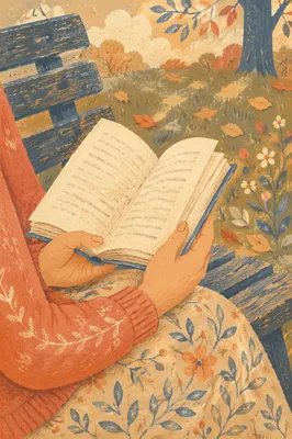 Hands Holding Open Book on Park Bench
