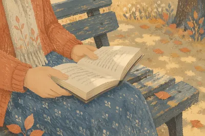 Hands Holding Open Book on Park Bench
