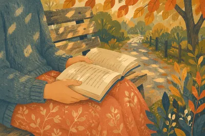 Hands Holding Open Book on Park Bench