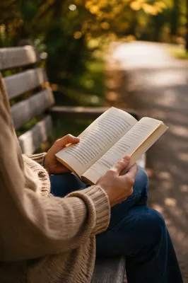 Hands Holding Open Book on Park Bench