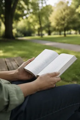 Quiet Park Reading on Wooden Bench