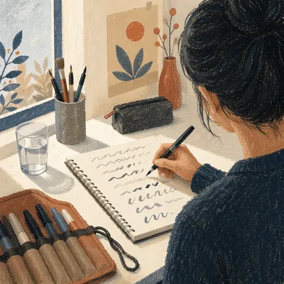Quiet Hand Lettering Practice at White Desk