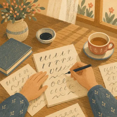 Sunlit Hand Lettering Practice at Wooden Table