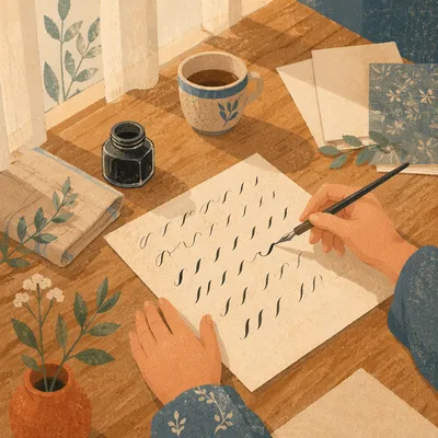 Sunlit Calligraphy Practice at Wooden Table