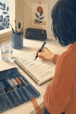 Quiet Hand Lettering Practice at White Desk