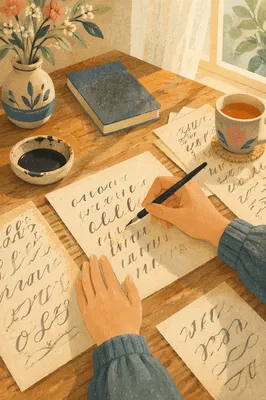 Sunlit Hand Lettering Practice at Wooden Table