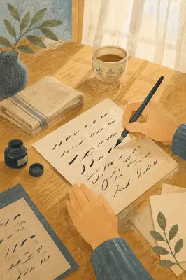 Sunlit Calligraphy Practice at Wooden Table