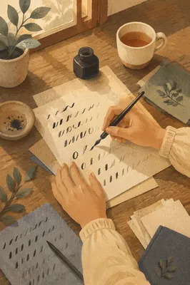Sunlit Calligraphy Practice with Ink Pen