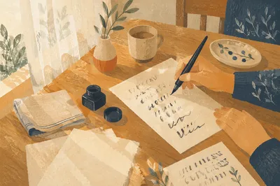 Sunlit Calligraphy Practice at Wooden Table