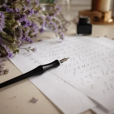 Calligraphy Practice with Ink Pen and Lavender