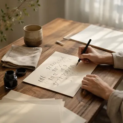 Sunlit Hand Lettering Practice at Kitchen Table