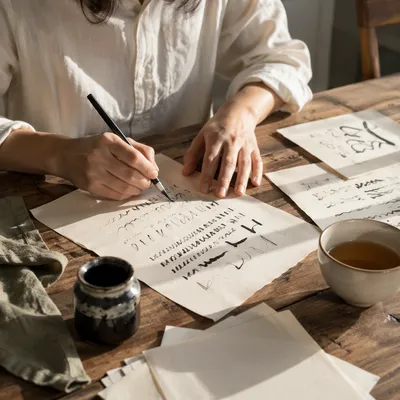 Sunlit Calligraphy Practice with Ink Pen