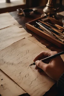 Calligraphy Practice on Aged Paper Desk