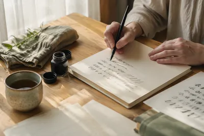 Sunlit Calligraphy Practice with Ink Pen