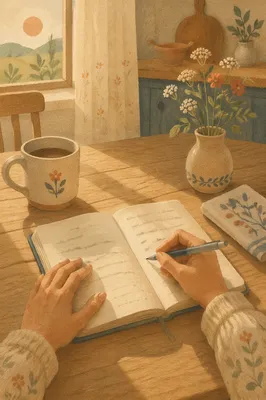 Morning Gratitude List Writing at Kitchen Table
