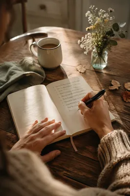 Hands Writing Gratitude List at Sunrise