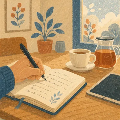 Morning Prayer Journal Writing at Café Table