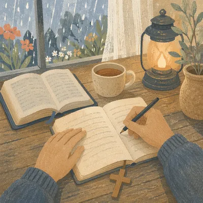 Morning Prayer Journal Writing at Wooden Table