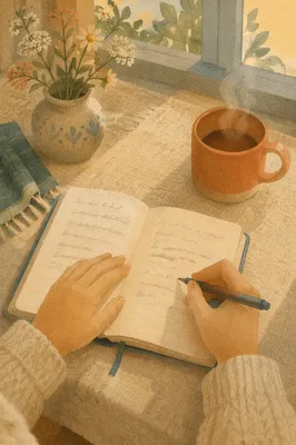 Hands Writing in Prayer Journal Morning Light