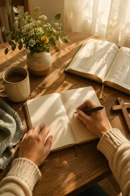 Morning Prayer Journal on Wooden Table