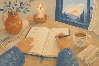 Hands Writing in Prayer Journal at Dawn