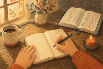 Morning Prayer Journal Writing at Rustic Table