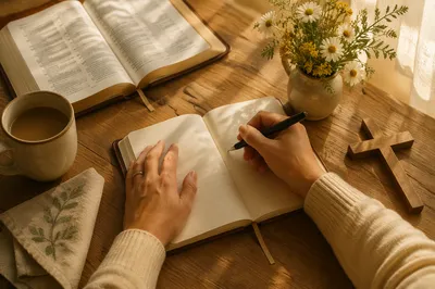 Morning Prayer Journal Writing at Wooden Table
