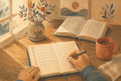 Morning Prayer Journal Writing on Wooden Table