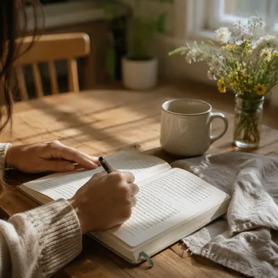 Morning Prayer Journal on Wooden Table