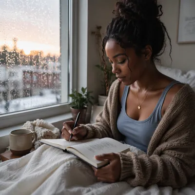 Woman Writing Journal by Rainy Window