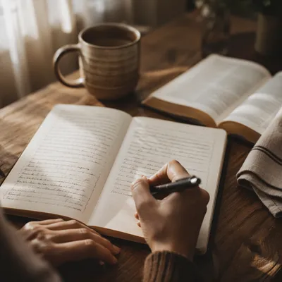 Morning Prayer Journal Writing on Wooden Table