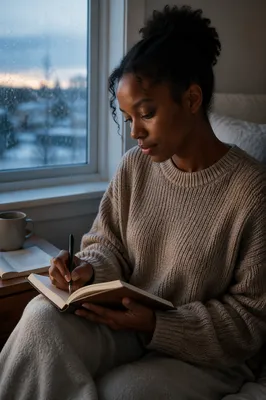 Young Woman Writing by Rainy Window