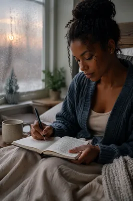Young Woman Writing by Rainy Window